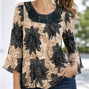 Plisse Pleated Blouse Women Medium Tan Black Floral Crochet Lace Trim